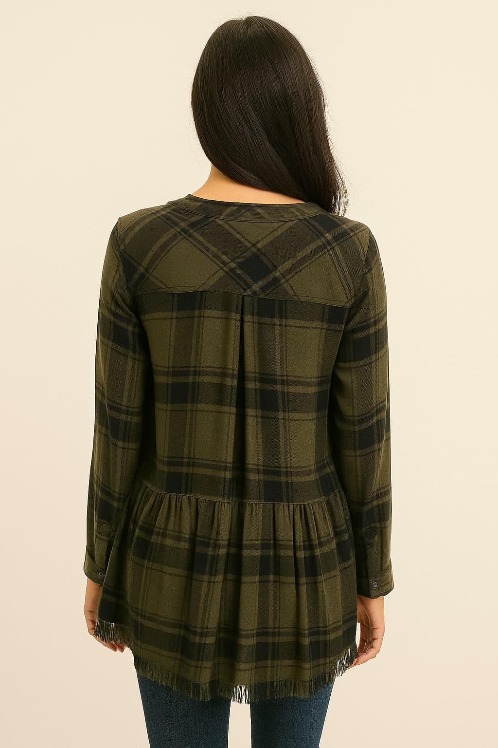Kyla Seo Fringed Hem Plaid Flannel Tunic