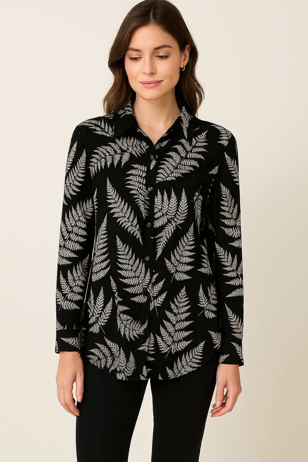 H&M Black Leaf-Print Button-Up Shirt Original
