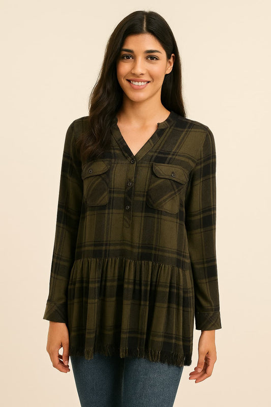 Kyla Seo Fringed Hem Plaid Flannel Tunic