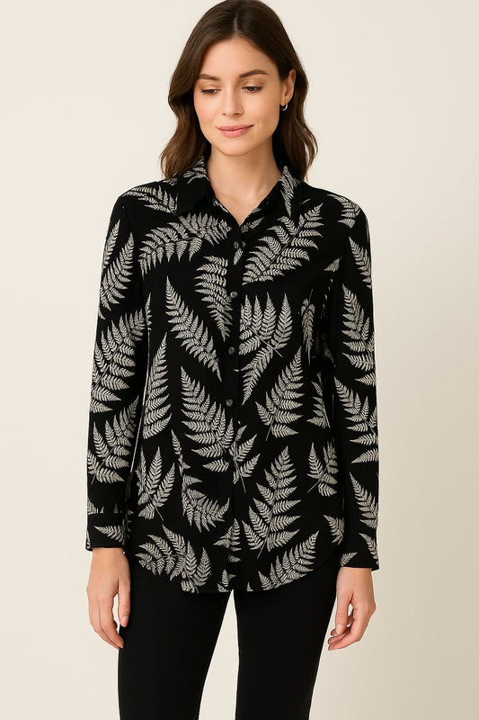 H&M Black Leaf-Print Button-Up Shirt Original