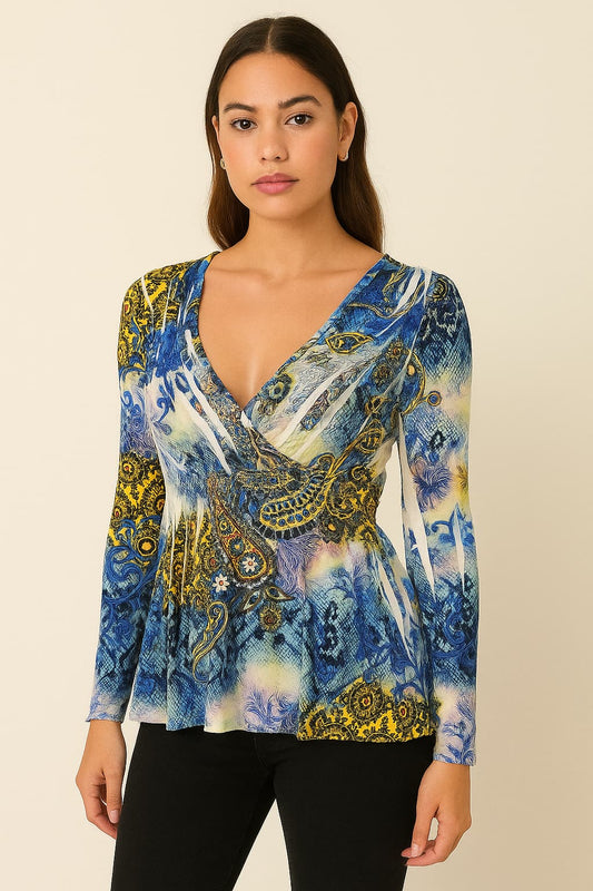 Notations Multi-Colored Boho Print Ruched Top Original